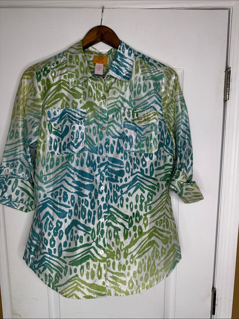 Ruby Rd. Green & White Leaf-Print Blouse